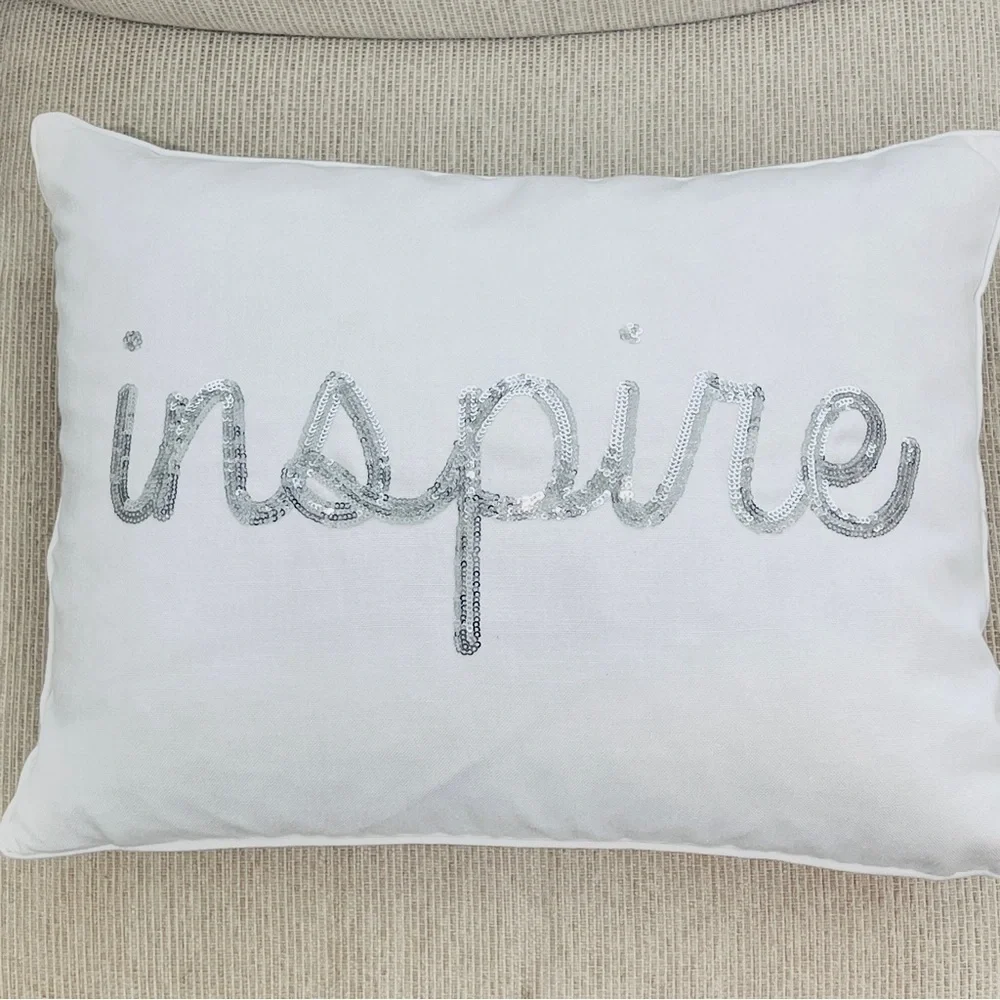 Home Accent Pillow White Silver Beaded “Inspire” with Pillow Insert
